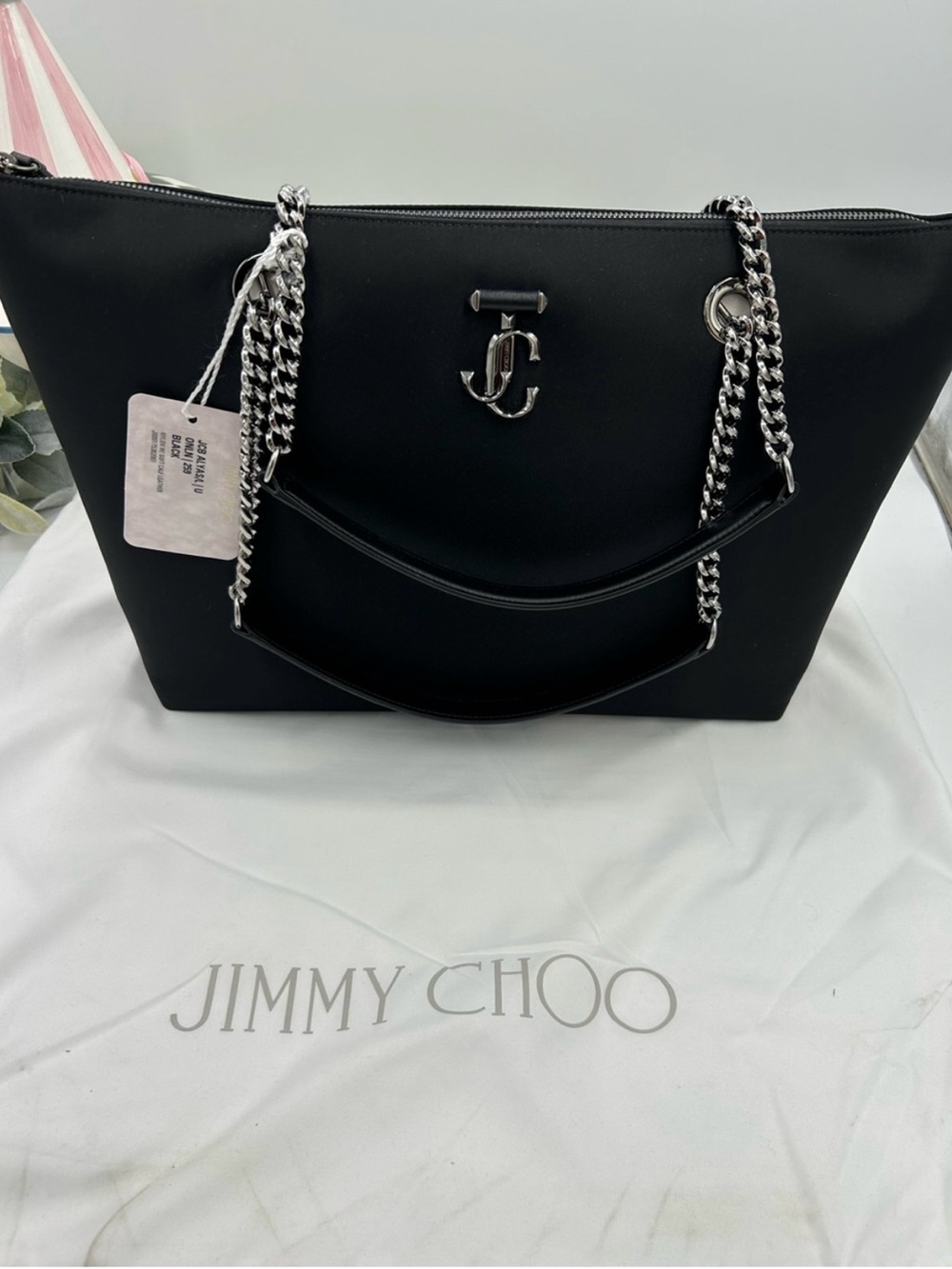 Women’s Jimmy Choo Black Tote Bag with Silver Chain Handles and iconic logo
